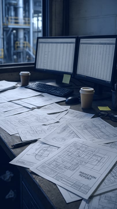 Stylized image showing problematic workspace with desk clutter and unorganized reports and inspection plans Stylized image showing problematic workspace with desk clutter and unorganized reports and inspection plans