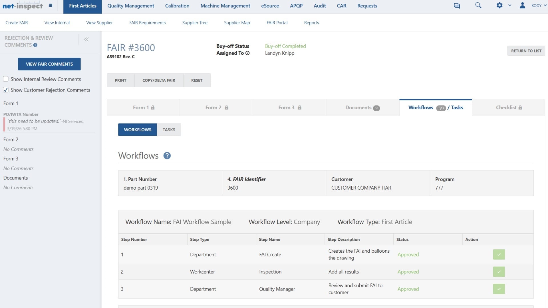 Net-Inspect FAI module showing FAIR #3600 with Buy-off Completed status and a three-step approved workflow