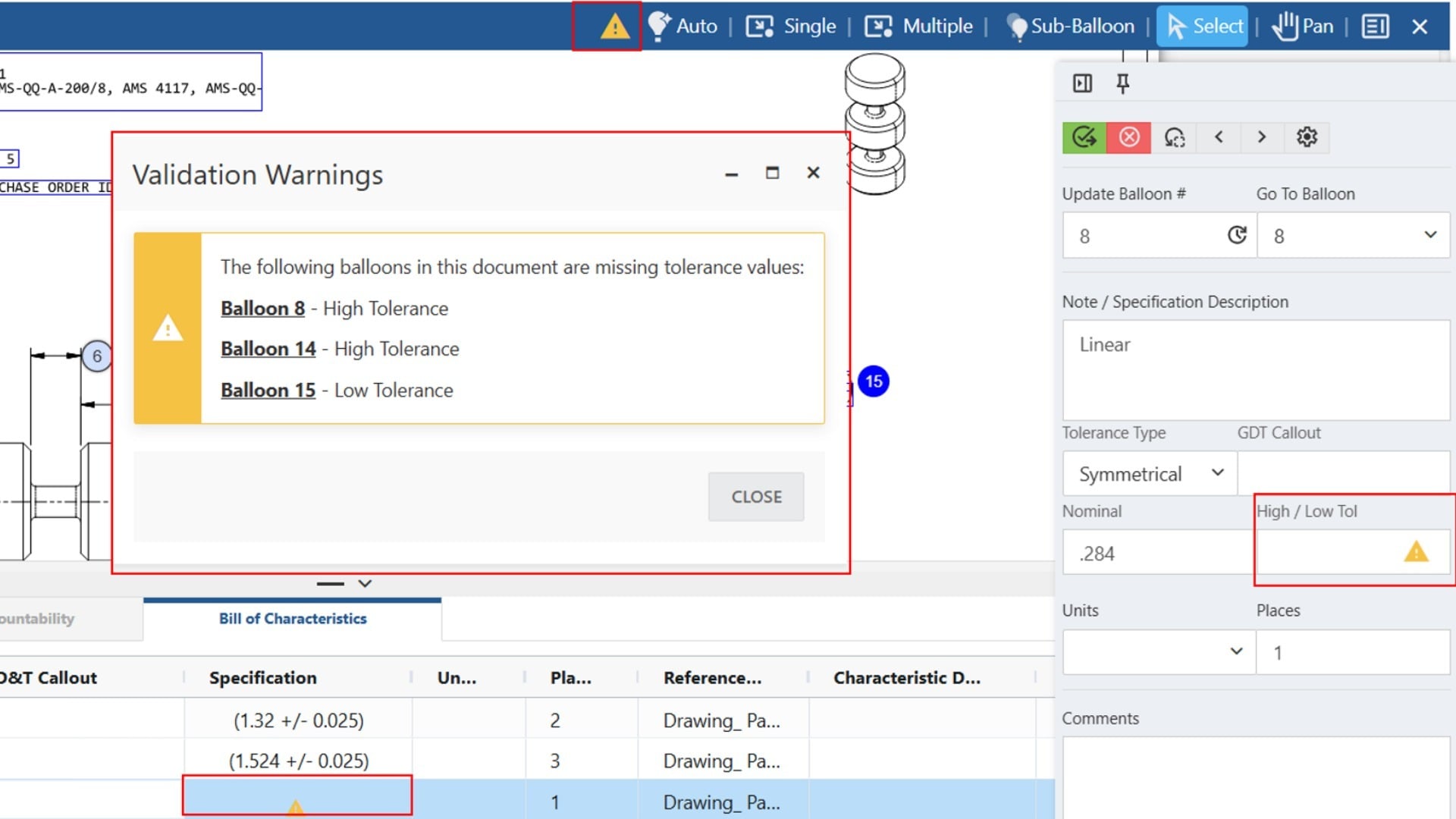Net-Inspect Balloon Tool validation warnings panel flagging three balloons with missing tolerance values