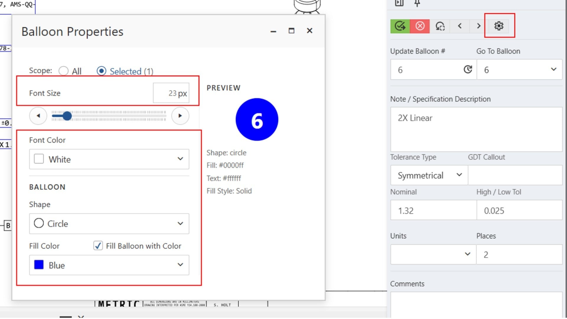 Net-Inspect Balloon Tool properties panel with font, shape, and color options and a live balloon preview